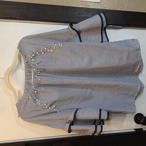 Shein Women's Navy Blue Striped Bell Sleeve Top with Pearl Embellishments